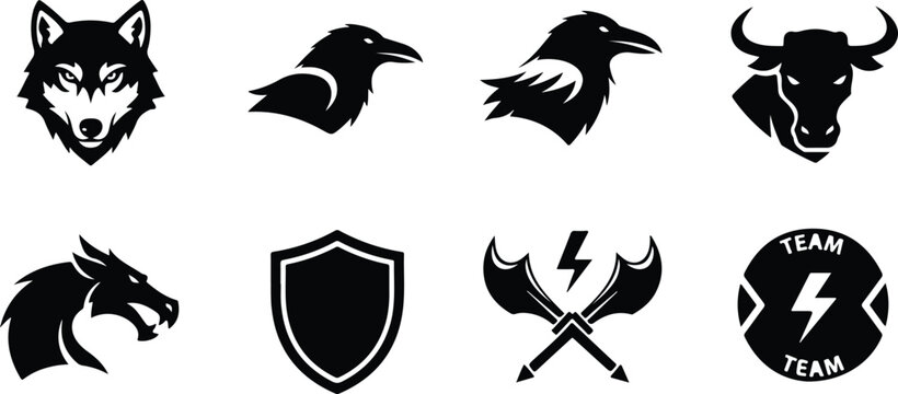Black and white animal symbols featuring wolf head raven crow bull horse shield axe lightning team logo designs isolated on transparent background
