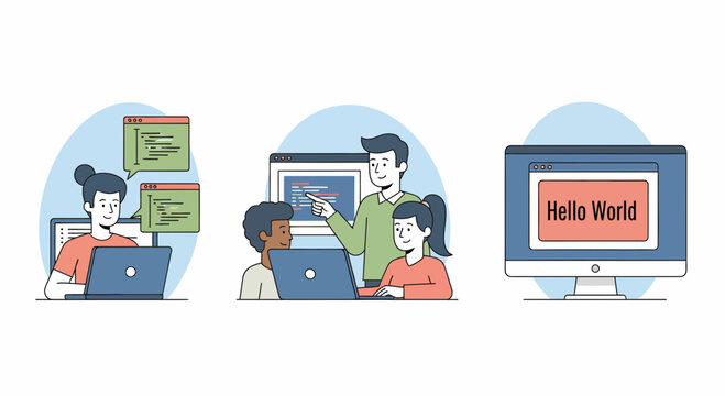 Flat vector illustration of students learning computer programming and software development with a mentor using laptops and digital screens for education