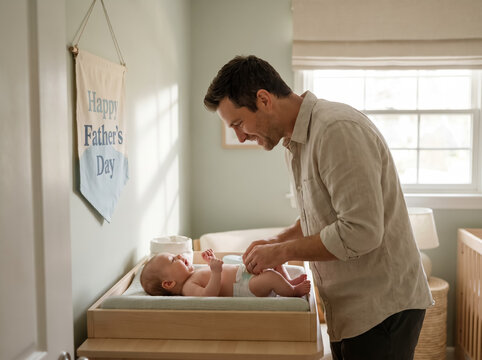 Young father changing diaper of his baby on wooden table station