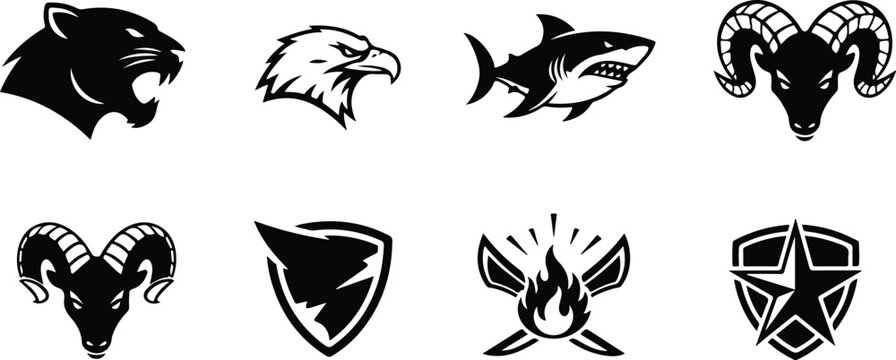 Set of nine stylized animal and emblem logos featuring ram horns bighorn sheep panther cougar eagle eagle head shark great white shark flame cross shield crest