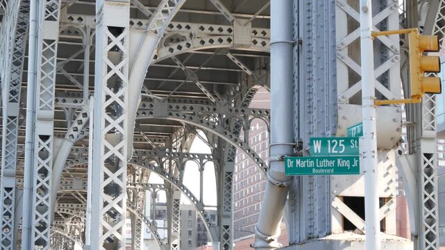 Riverside drive viaduct and 125 street sign, Harlem in Upper Manhattan, New York City, United States. 12 twelve avenue viaduct. Elevated flyover transport road. Steel arch bridge, overpass junction.
