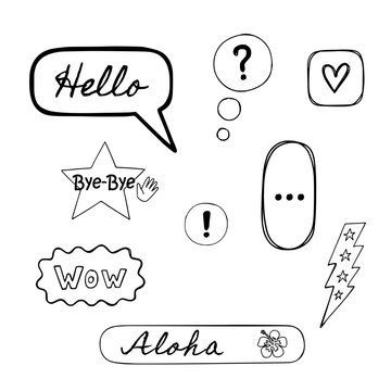 Speech Bubbles and Symbols Featuring Hello, Aloha, Wow, and Other Expressions Featuring Bye-Bye, Heart, Star with Lightning