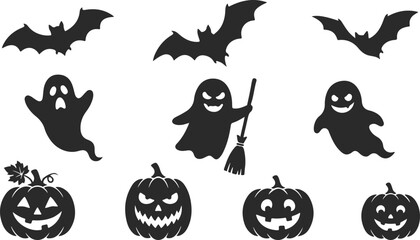 Fototapeta premium Halloween silhouettes set with bats, ghosts, and jackolantern pumpkins