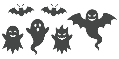 Fototapeta premium Set of halloween ghosts and bats silhouettes isolated on white background