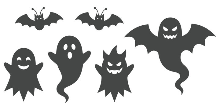 Set of halloween ghosts and bats silhouettes isolated on white background