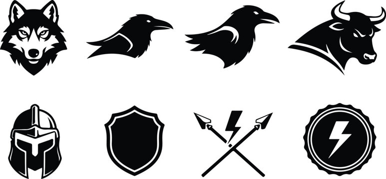 Set of eight stylized black and white animal and symbol icons featuring wolf head shield raven lightning spear crossed weapons crest emblem