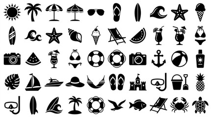 Fototapeta premium A collection of various summer vacation icons featuring beach, travel, and leisure activities.