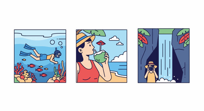 Tropical summer beach vacation travel snorkeling diving coconut drink waterfall nature adventure holiday trip activity set
