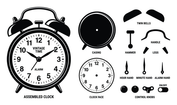 Alarm clock components with names