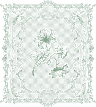 Classical floral composition within decorative square frame border