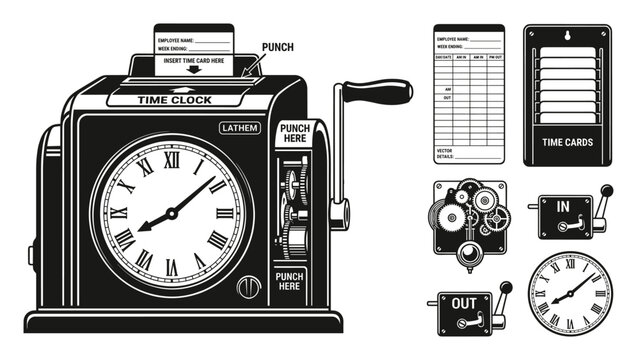 Mechanical time clock machine with cards and internal gears