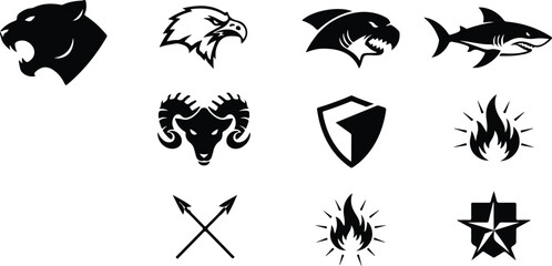 Fototapeta premium Set of nine stylized black and white animal and symbol icons isolated on transparent background for logos or branding