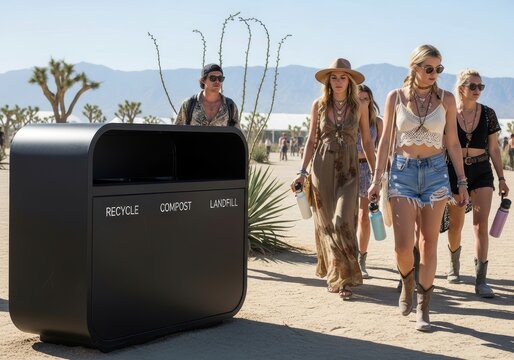 Woman and man walk past a modern waste sorting station with recycle compost and landfill sections. Outdoor desert music festival trash management concept for environmental sustainability.