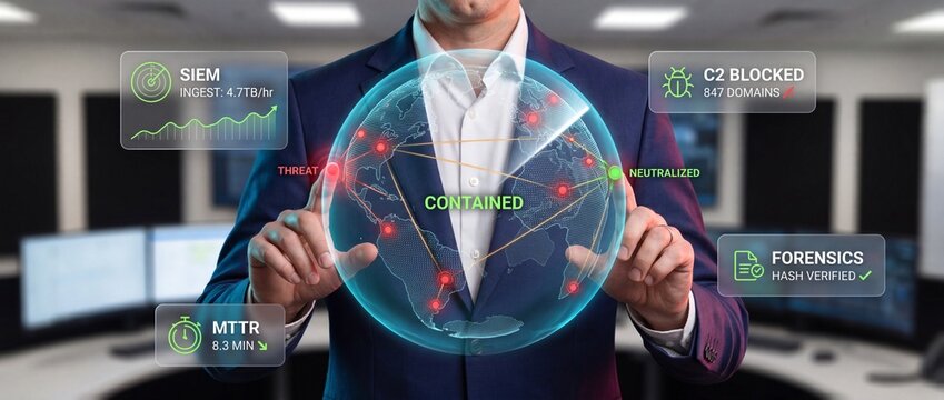 Businessman interacting with virtual cybersecurity interface globe