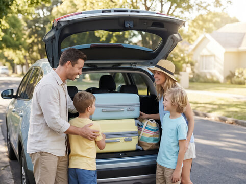 Family loading travel suitcases into the back of their modern SUV