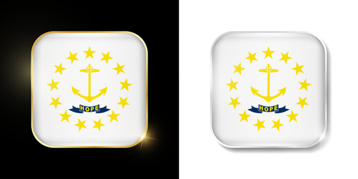 Rhode Island state flag shiny golden and silver icons isolated on black and white. USA states all flags. Vector 3D square rounded illuminated buttons with shadow. Use for bets, tournament, sport games
