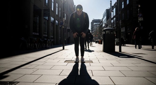 Woman leaning on knees on sunny urban sidewalk