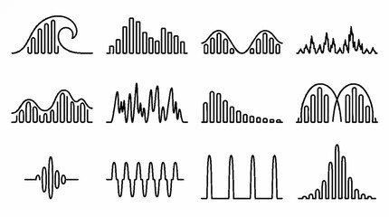 Obraz premium Set of black and white minimalist sound wave icons and audio frequency equalizer symbols.