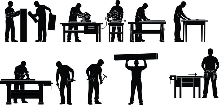 Black silhouette illustration of industrial workers progression with excavator machine, isolated construction vector design concept artwork