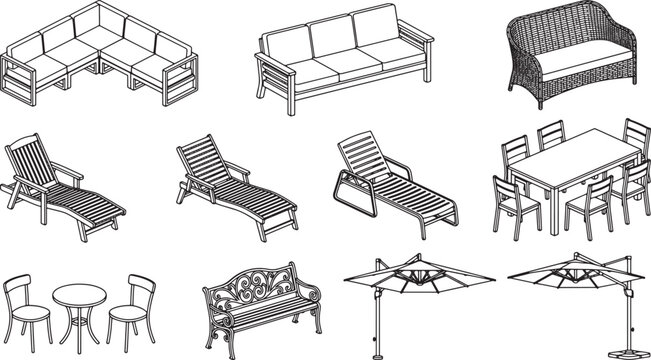 Outdoor furniture set collection with patio chairs tables sofas and umbrellas in black and white line art