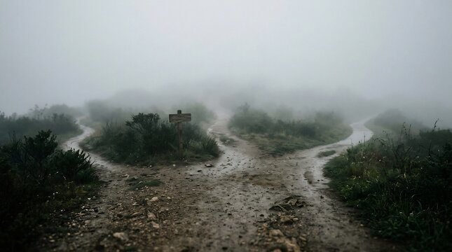 Dirt path divides into two separate directions shrouded in thick heavy mountain fog during a rainy day.