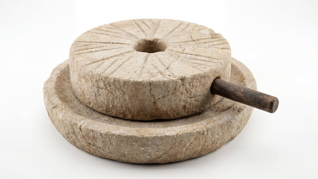 Ancient traditional stone grain mill quern grinder with wooden handle, isolated on white background