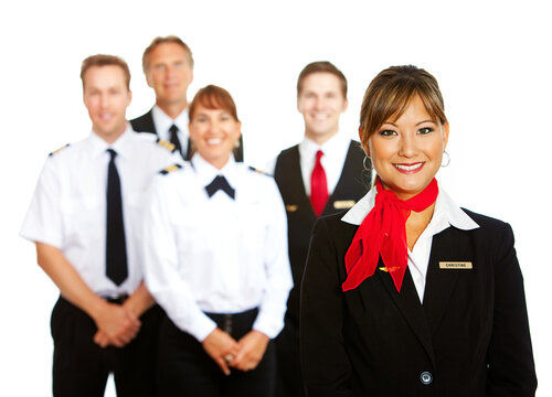 Airline: Cheerful Stewardess and Crew