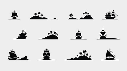 Tropical island and sailing ship silhouettes creating coastal scenery and vacation icons. © Sonkear