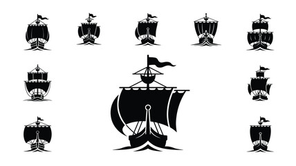 Vintage sailing vessel icons showing various front perspectives of ancient wooden galleons. © Sonkear
