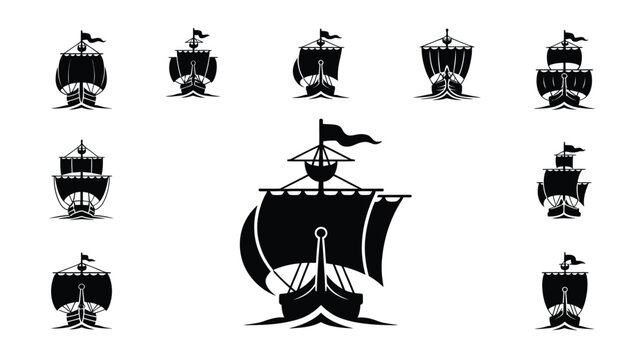 Vintage sailing vessel icons showing various front perspectives of ancient wooden galleons.