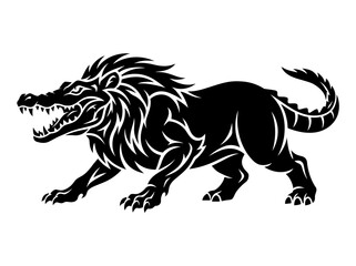 Fototapeta premium Mythical Beast Silhouette: Fierce Dragon-Crocodile Hybrid with Lion Mane