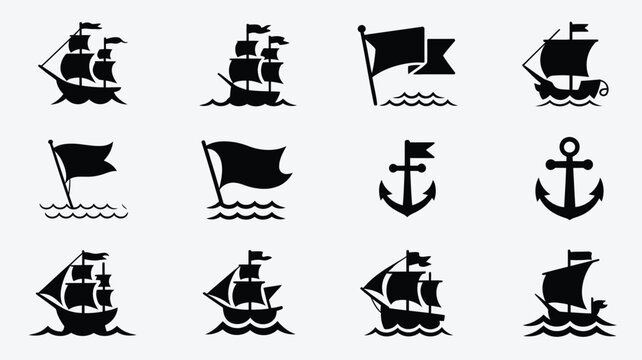 Maritime icons sailing ships flags anchor vintage vector illustrations.