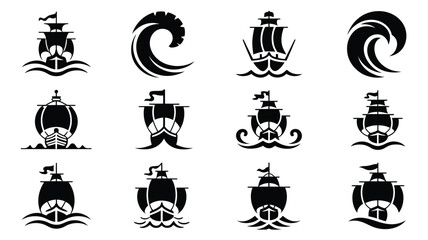 Set of minimalist sailing ship icons and ocean wave symbols for nautical brand identity. © Sonkear