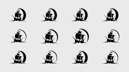 Sailing vessel silhouettes against large crescent moon shapes in repetitive grid pattern. © Sonkear