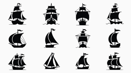 Set of twelve black ship icons, vintage vessels with sails, historic boat collection. © Sonkear