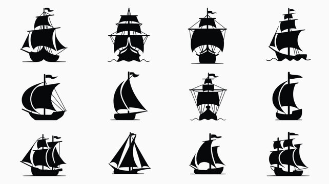 Set of twelve black ship icons, vintage vessels with sails, historic boat collection.