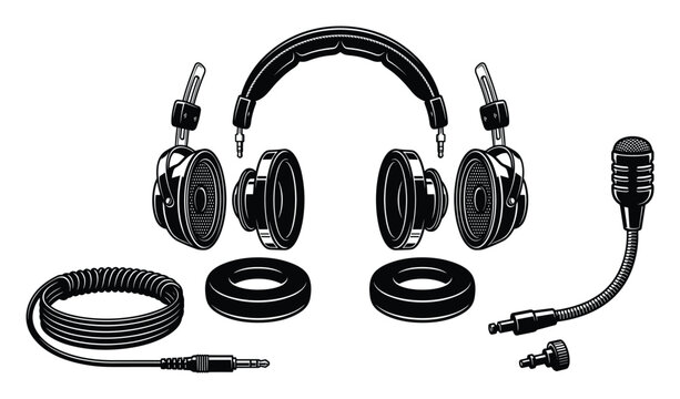 Disassembled headphones with microphone and cable vector illustration