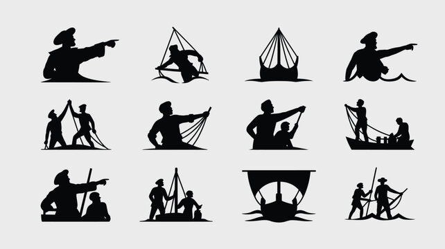 Set of twelve black silhouette illustrations depicting sailors and boats.