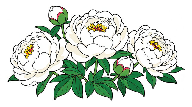 White Peony Flowers with Green Leaves.