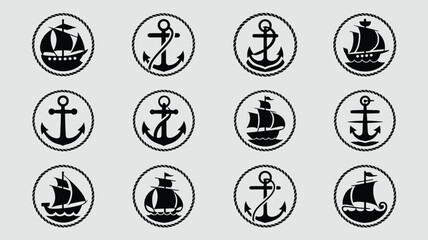 Collection of twelve circular emblem icons featuring anchors and sailboats inside rope frame. © Sonkear