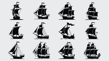 Vintage sailing ship silhouettes set featuring various historical wooden vessels on water. © Sonkear