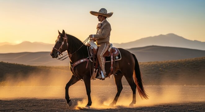 Man charro riding horse in desert at sunset. Traditional Mexican horseman wearing sombrero and suit. Equestrian culture and heritage of Mexico. Celebration of Latin American tradition.