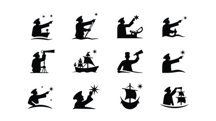 Obraz premium Set of black silhouettes featuring sailors navigating and observing stars at the night sea.