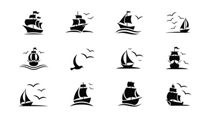 Graphic collection of various sailing ships and seabirds flying over ocean waves at sunset. © Sonkear