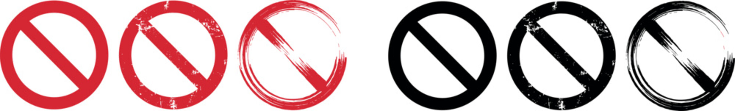 Red and black prohibited signs with grunge, distressed, and brush stroke textures