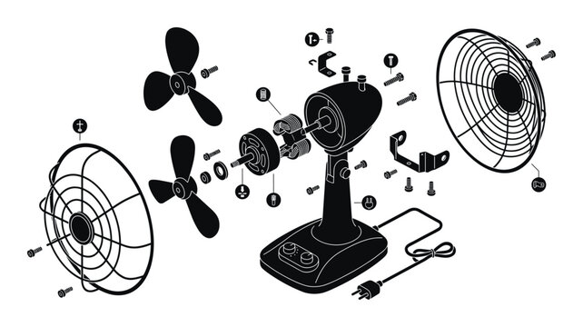 Electric desk fan exploded view diagram showing components