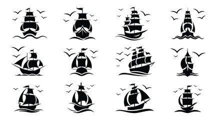 Set of black and white vector images illustrating vintage sailing ships with birds. © Sonkear