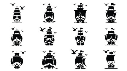Set of black and white vector images illustrating vintage sailing ships with birds. © Sonkear