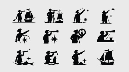 Nautical icons explorer looking telescope ship compass. © Sonkear
