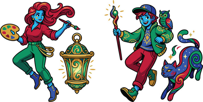 Fantasy cartoon characters set with female painter and young wizardFantasy cartoon characters set with female painter and young wizard